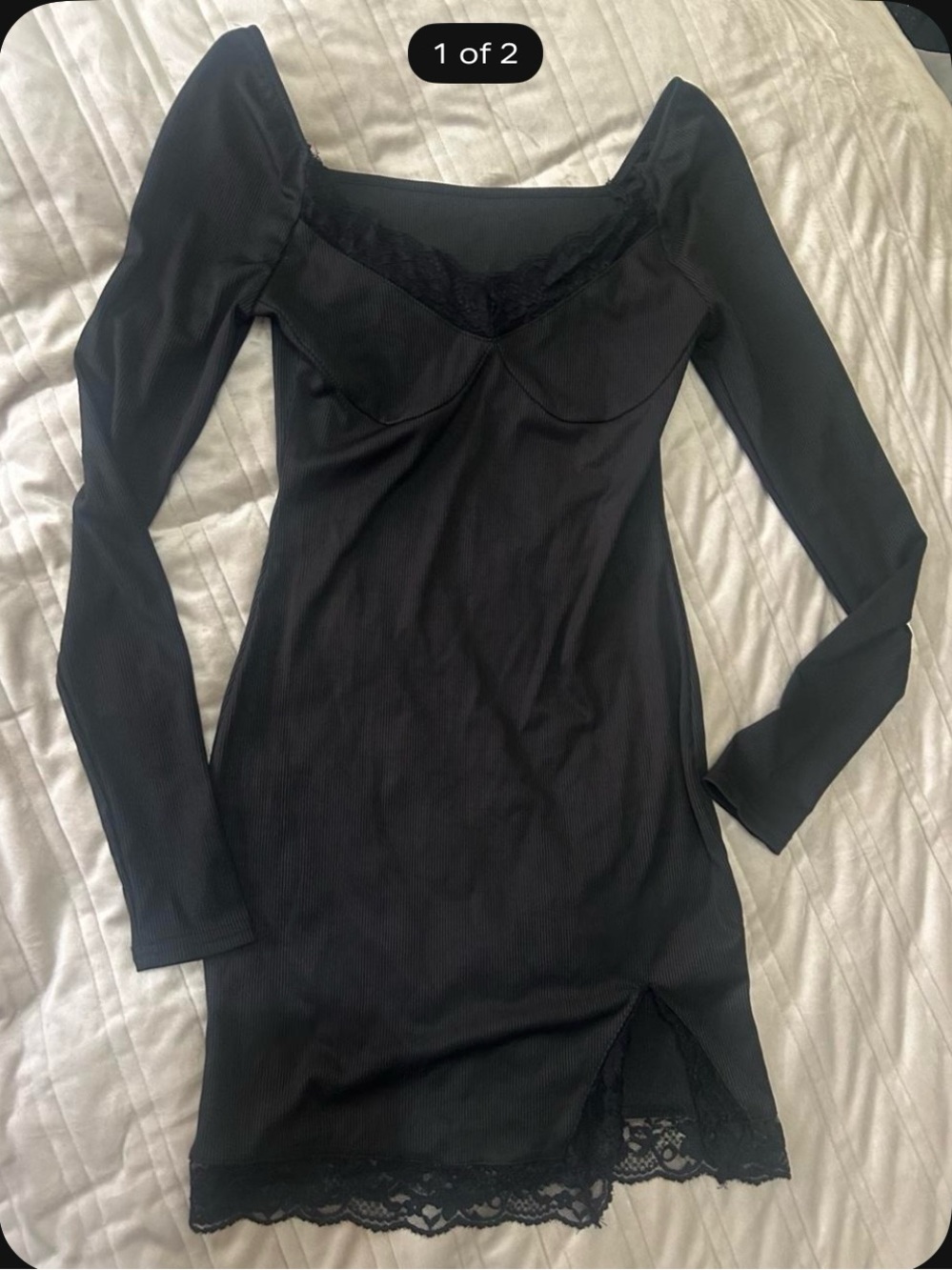 SHEIN Black Long-Sleeve Lace-Trim Bodycon Dress